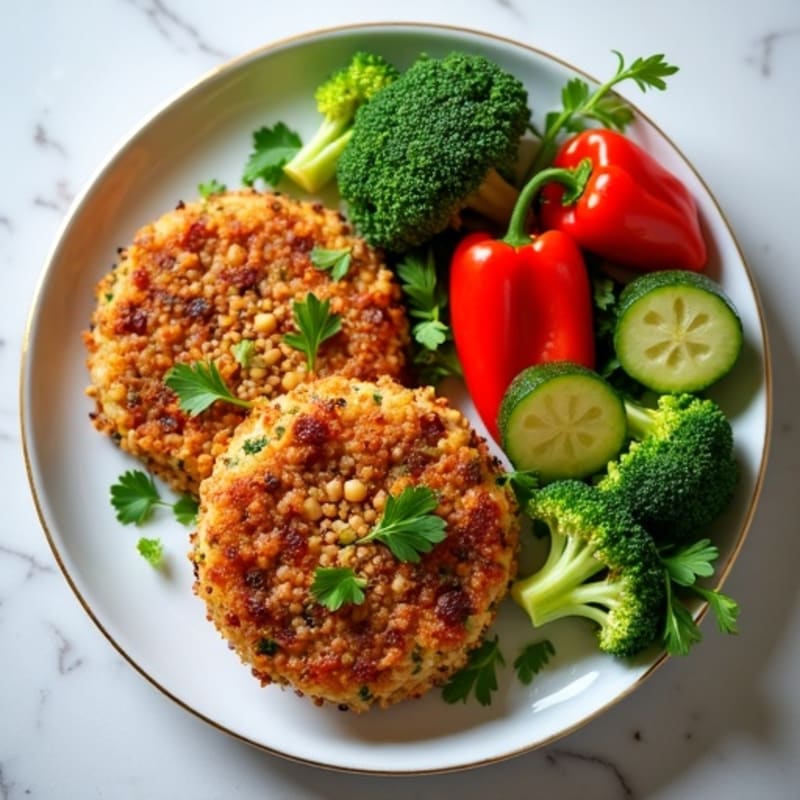 Crispy Lentil Quinoa Cakes with Roasted Vegetables