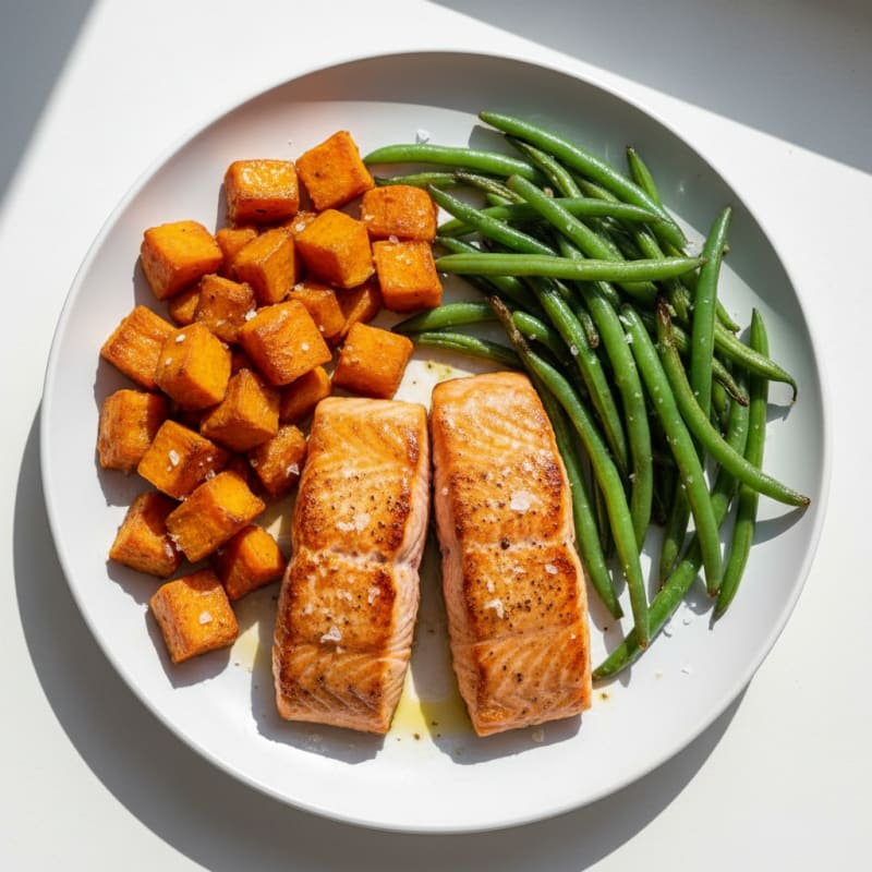 Seared Salmon with Roasted Sweet Potatoes and Green Beans