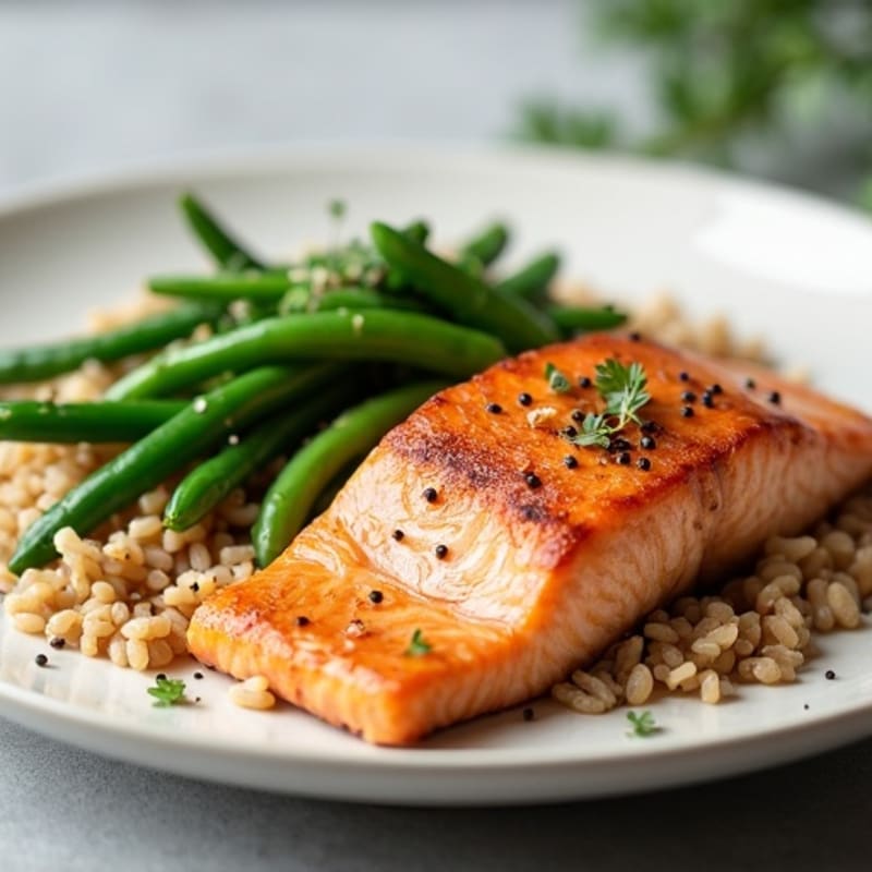 Seared Salmon Fillet with Steamed Green Beans and Brown Rice