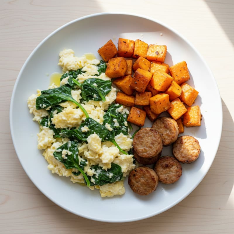 Egg White Spinach Scramble with Turkey Sausage and Roasted Sweet Potatoes