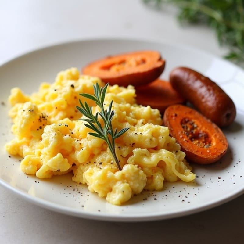 Egg White Scramble with Turkey Sausage and Roasted Sweet Potatoes