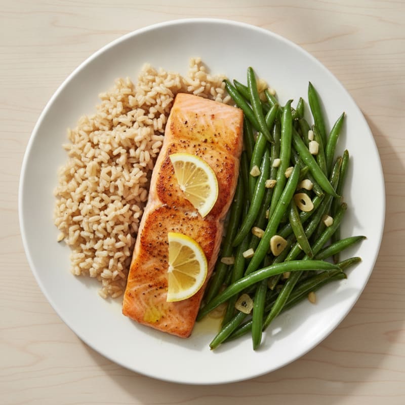 Seared Salmon with Garlic Green Beans and Brown Rice
