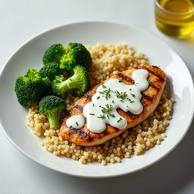 Grilled Chicken Breast with Quinoa, Roasted Broccoli, and Greek Yogurt Tzatziki