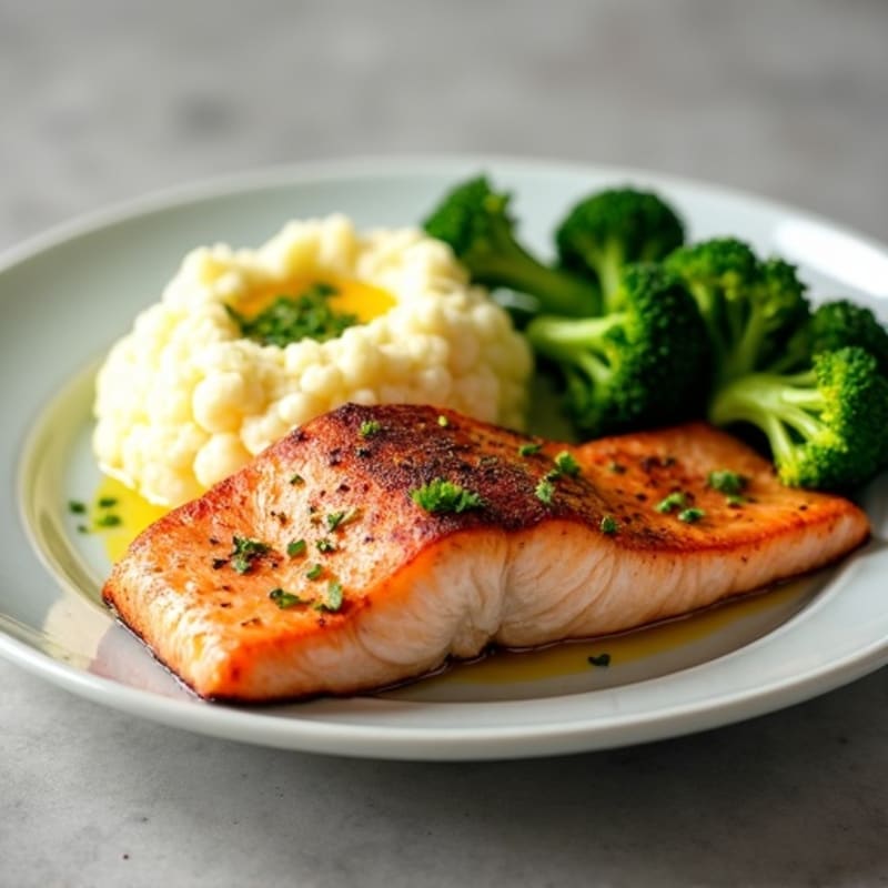 Seared Salmon Fillet with Steamed Broccoli and Garlic Mashed Cauliflower