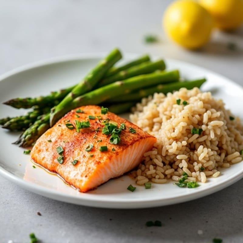 Seared Salmon with Steamed Asparagus and Brown Rice
