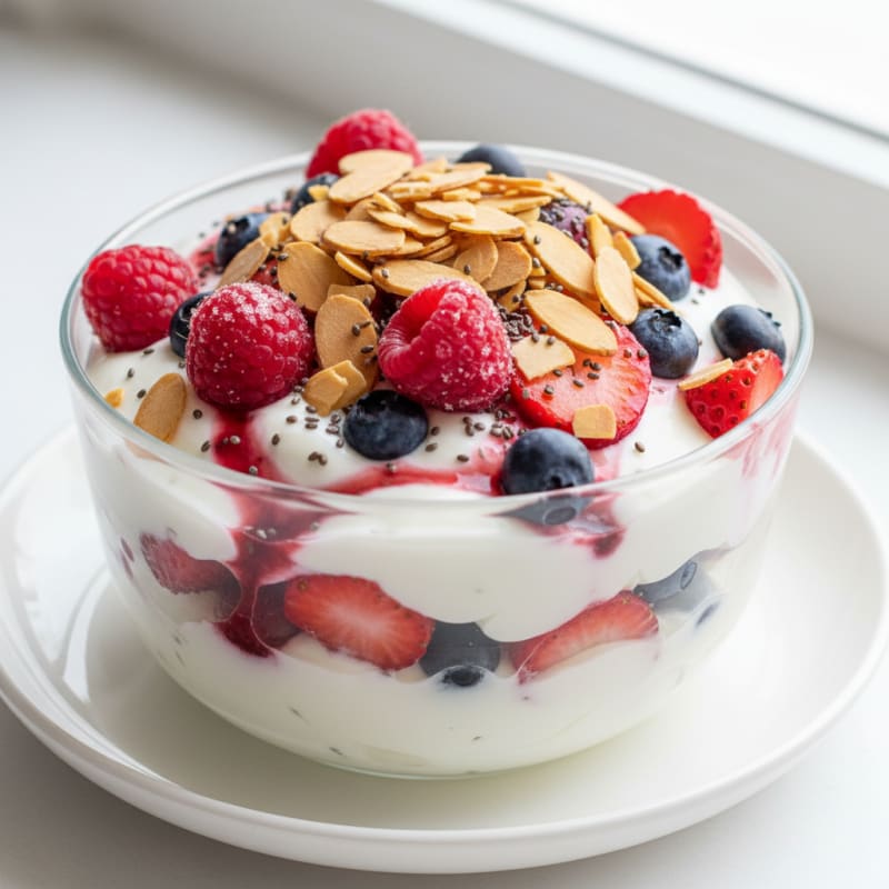 Greek Yogurt Protein Parfait with Mixed Berries and Almonds
