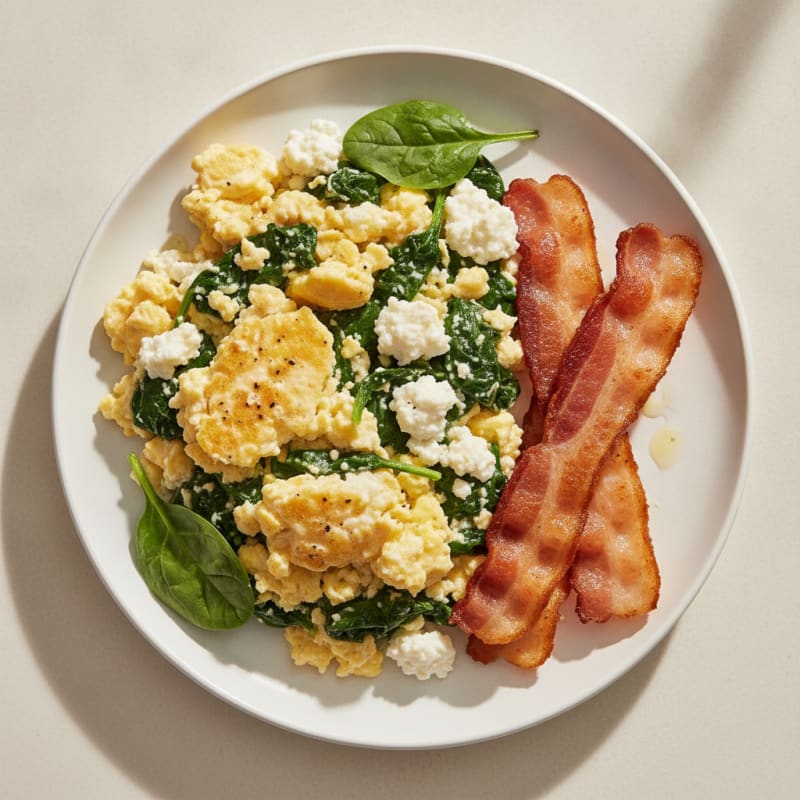 Cottage Cheese Egg Scramble with Sautéed Spinach and Turkey Bacon