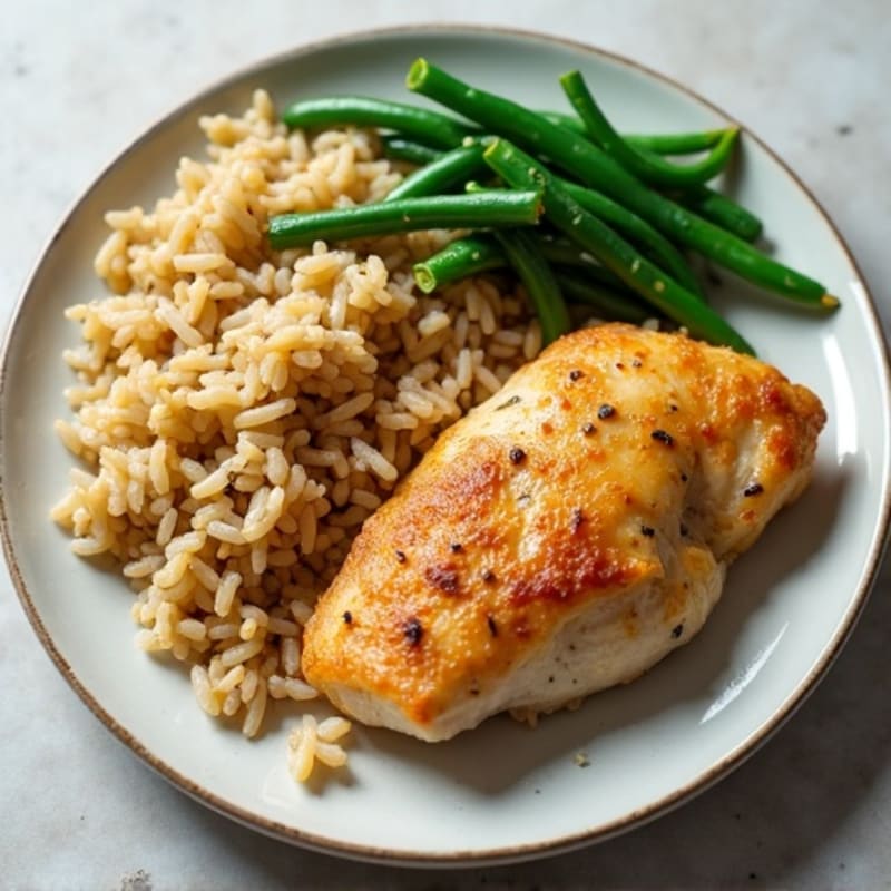 Oven-Baked Chicken Breast with Brown Rice and Steamed Green Beans