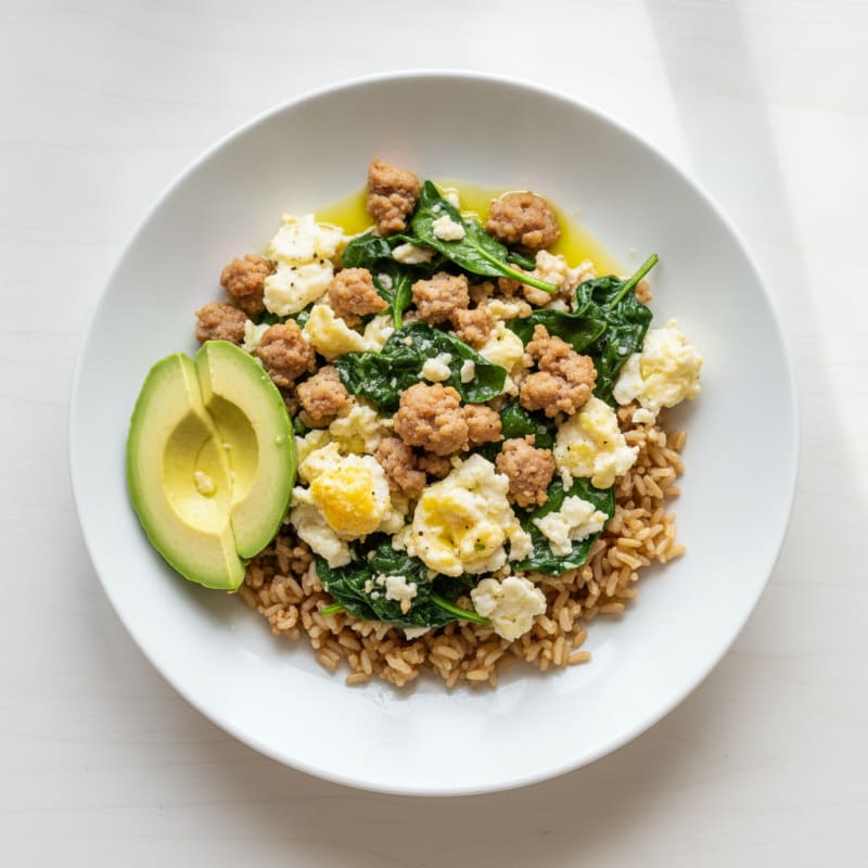 Egg White and Turkey Sausage Scramble with Spinach and Brown Rice