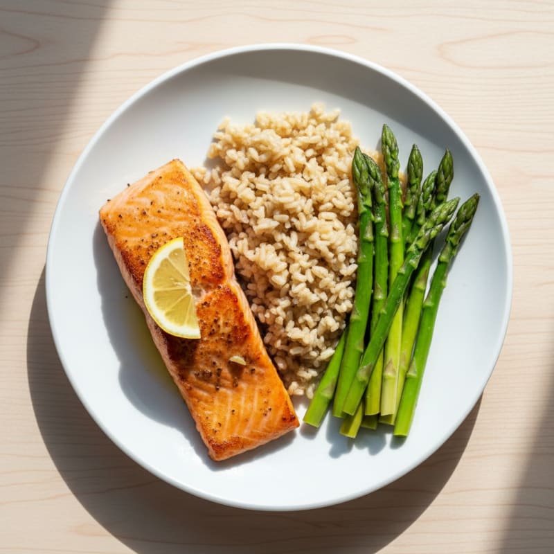 Seared Salmon with Steamed Asparagus and Brown Rice