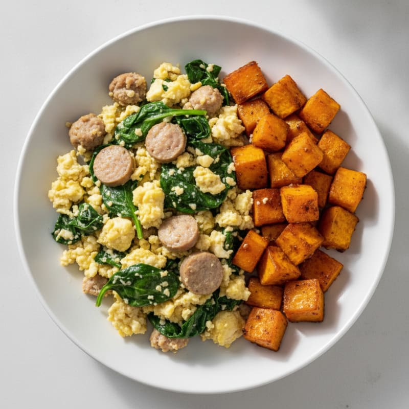 Egg White and Turkey Sausage Scramble with Spinach and Roasted Sweet Potato