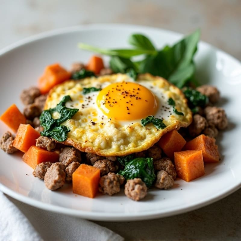 Egg White and Chicken Sausage Scramble with Spinach, Lean Beef, and Roasted Sweet Potatoes