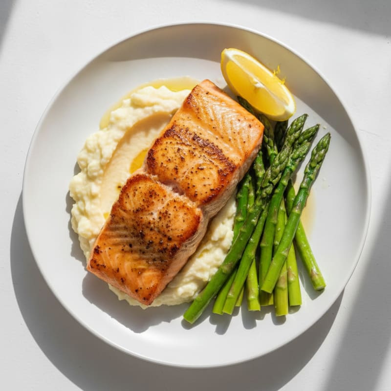 Seared Salmon Fillet with Steamed Asparagus and Garlic Mashed Cauliflower