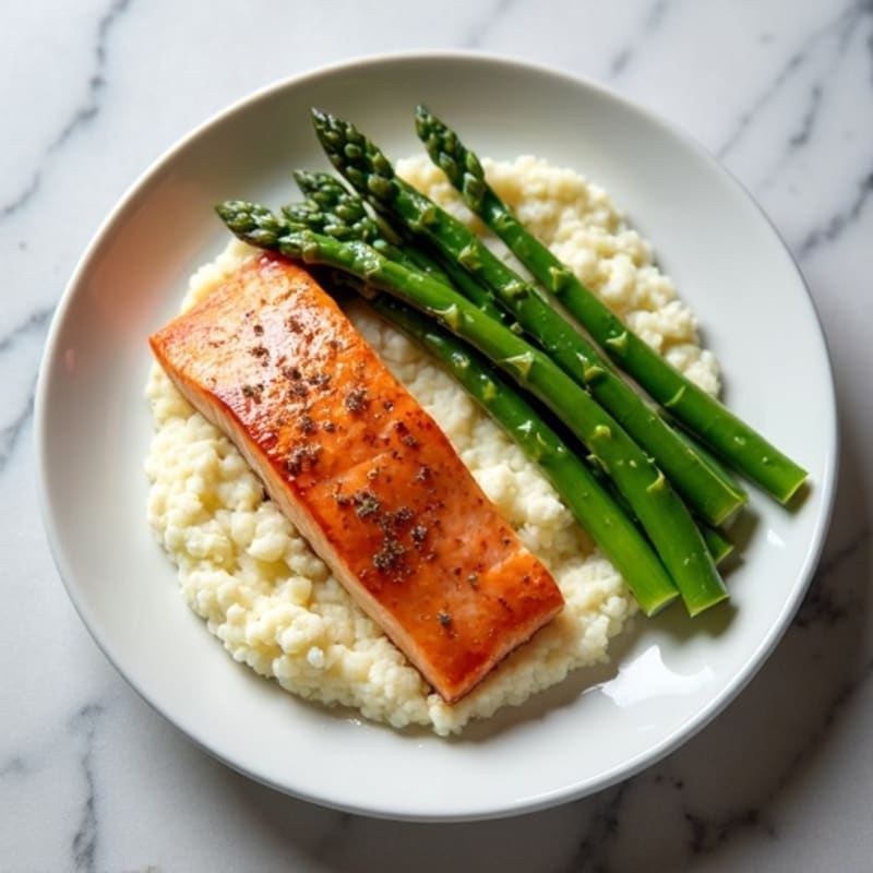 Seared Salmon with Steamed Asparagus and Cauliflower Mash