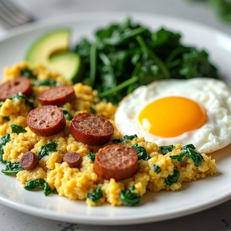 Egg White Scramble with Turkey Sausage and Sautéed Spinach