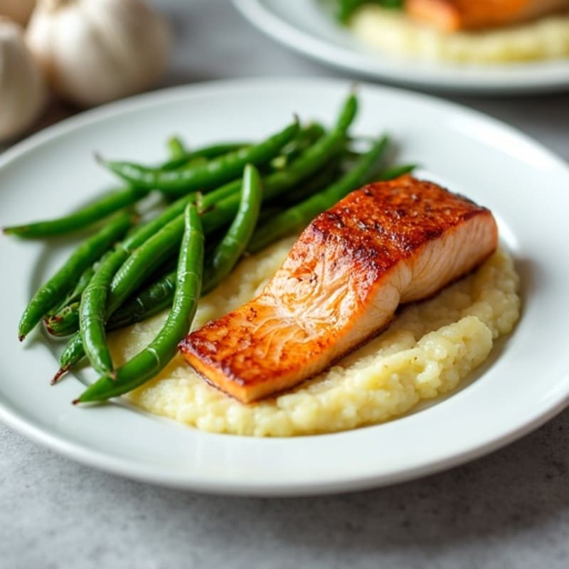 Seared Salmon with Steamed Green Beans and Garlic Cauliflower Mash