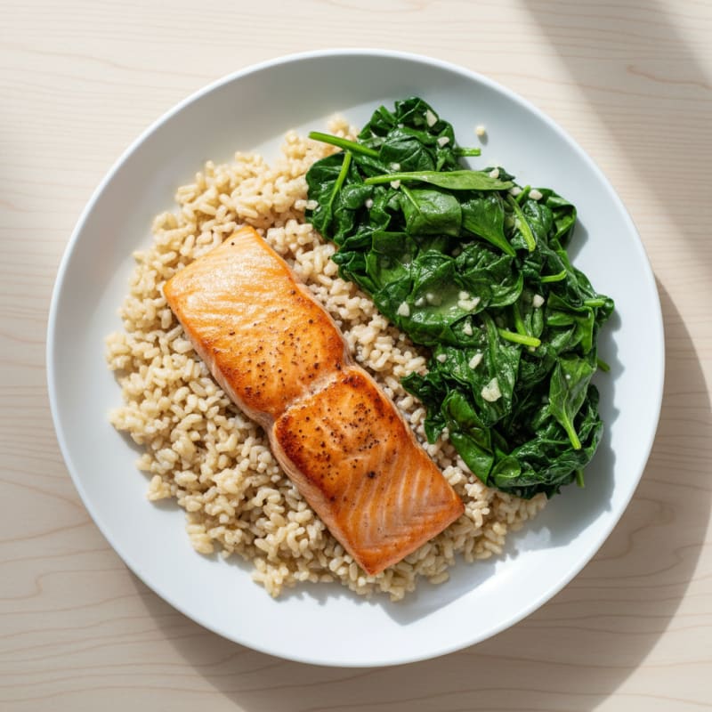 Seared Salmon with Garlic Spinach and Brown Rice