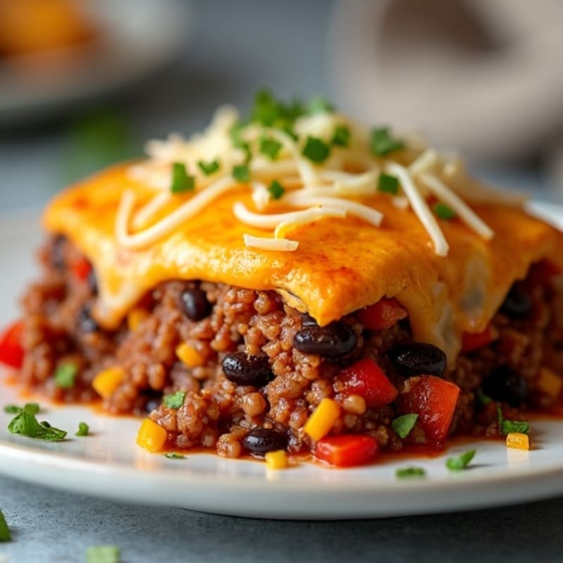 Lean Ground Beef and Black Bean Melty Cheesy Enchilada Bake