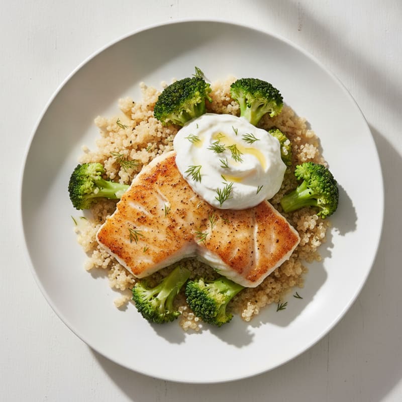 Seared Cod with Steamed Broccoli and Quinoa