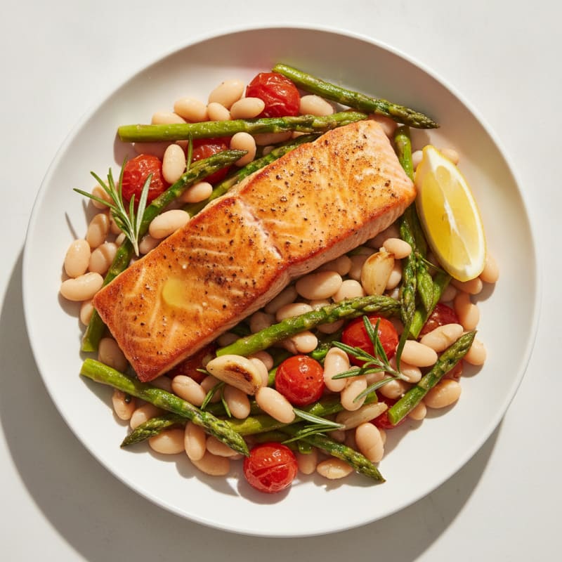 Seared Salmon with Herb-Roasted Vegetables and White Beans