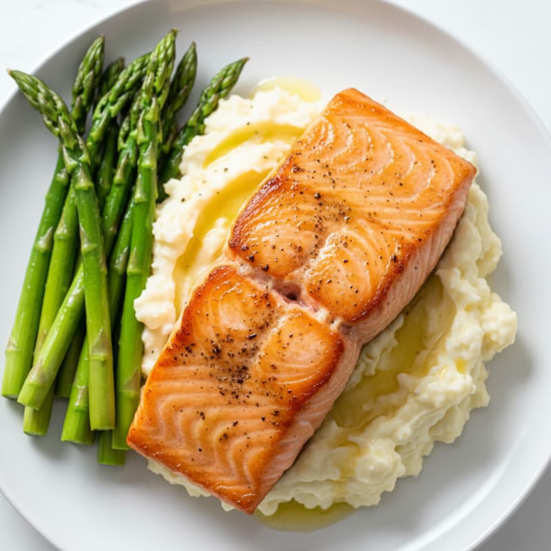 Seared Salmon with Steamed Asparagus and Garlic Mashed Cauliflower