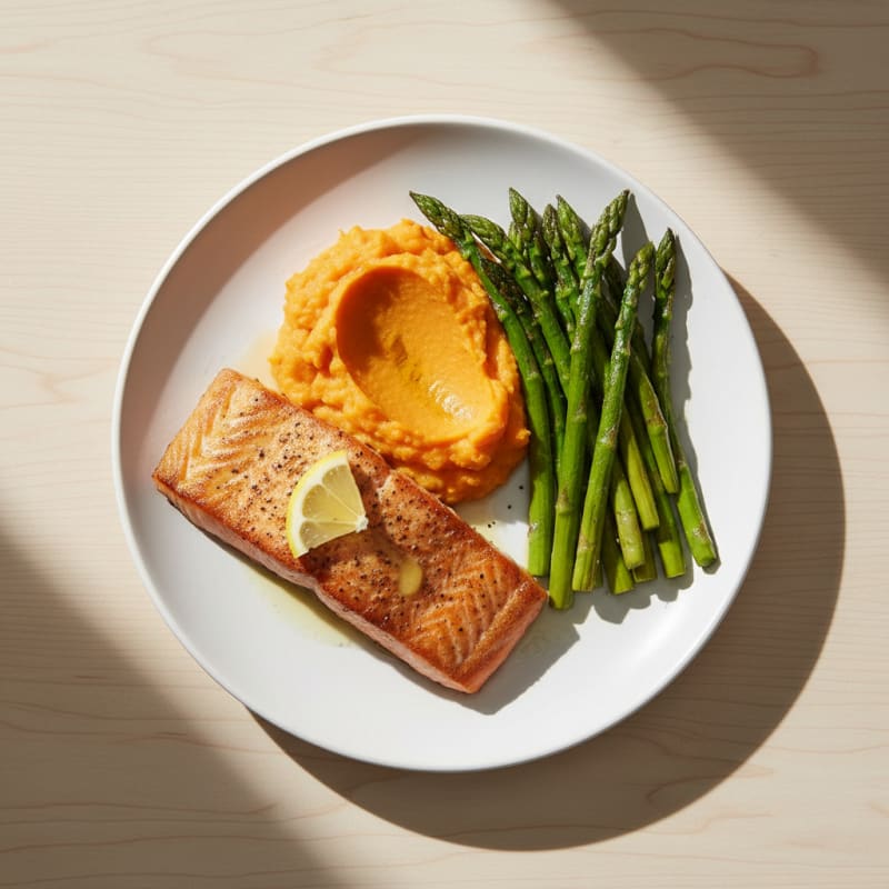 Seared Salmon with Roasted Asparagus and Sweet Potato Mash