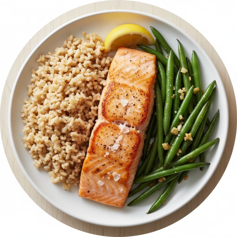 Seared Salmon with Garlic Green Beans and Brown Rice