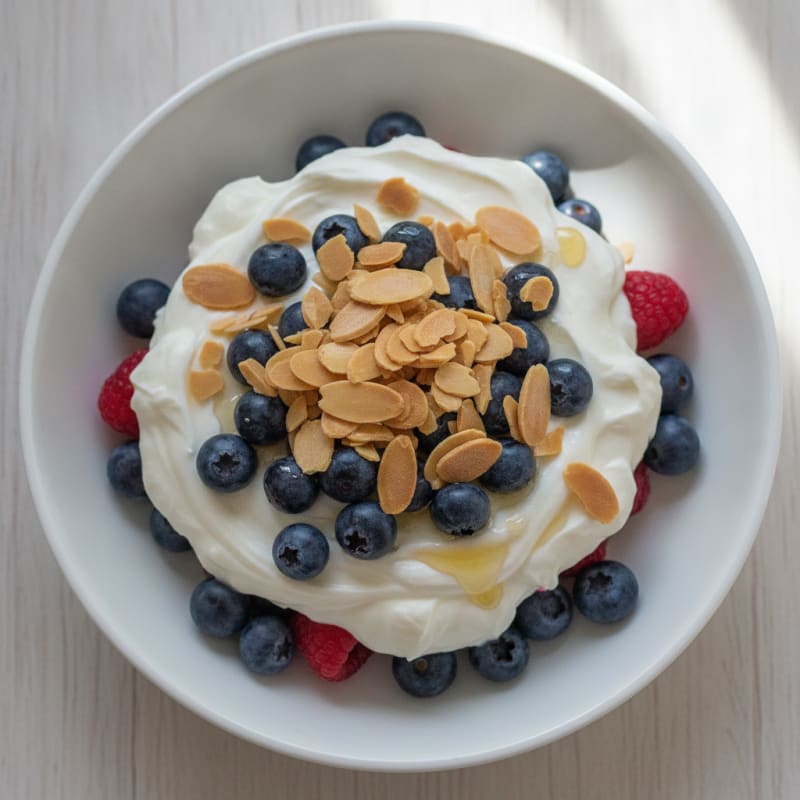Vanilla Greek Yogurt Protein Parfait with Berries and Almonds