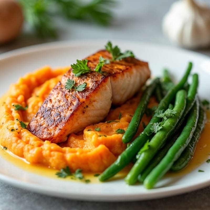 Seared Salmon Fillet with Garlic Green Beans and Sweet Potato Mash