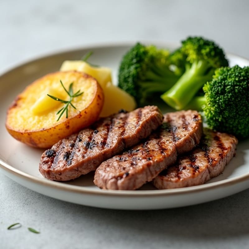 Grilled Beef Strips with Roasted Potato and Steamed Broccoli