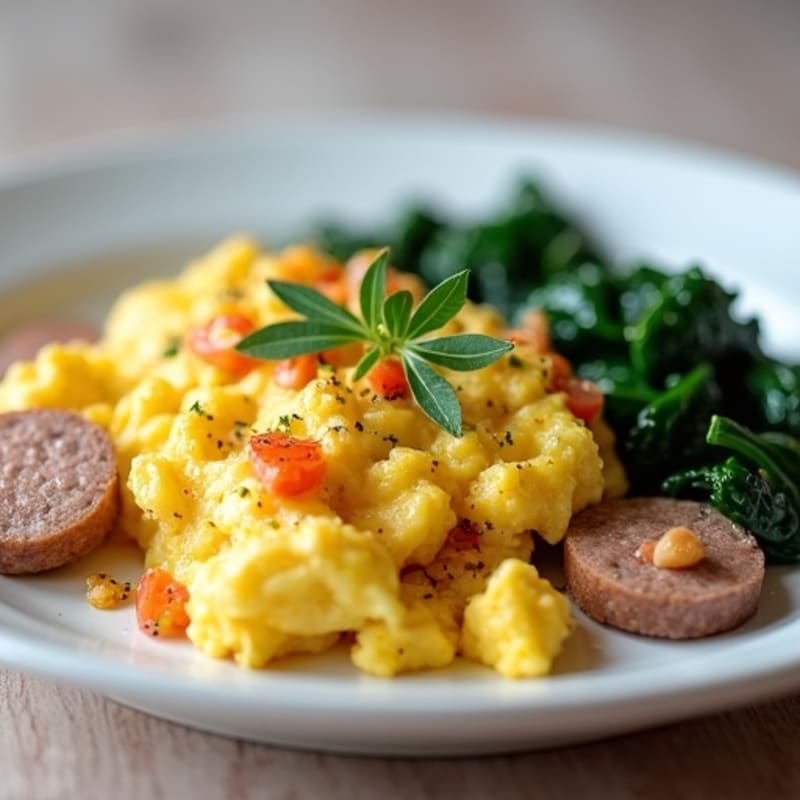 Egg White Scramble with Turkey Sausage and Sautéed Spinach