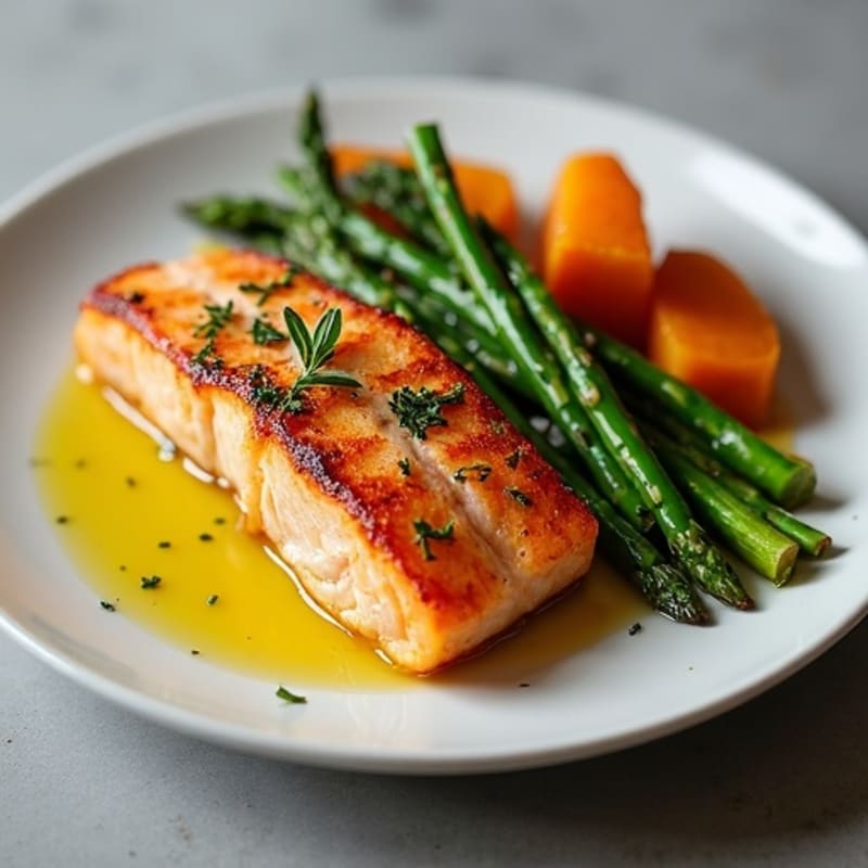 Seared Salmon Fillet with Roasted Sweet Potato and Asparagus