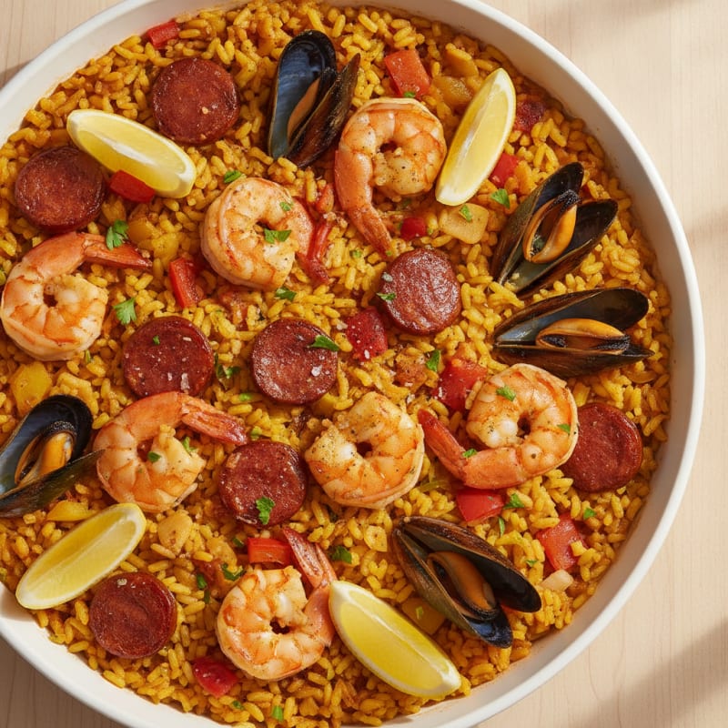 Saffron Seafood Paella with Chorizo