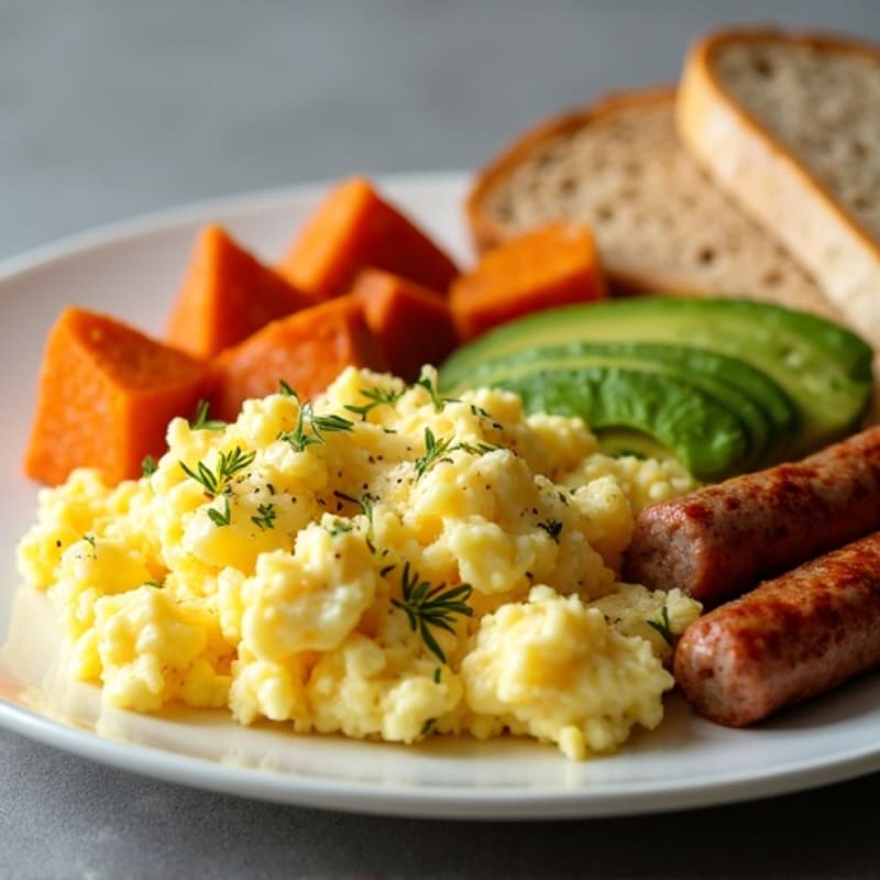 Egg White Scramble with Turkey Sausage and Roasted Sweet Potato