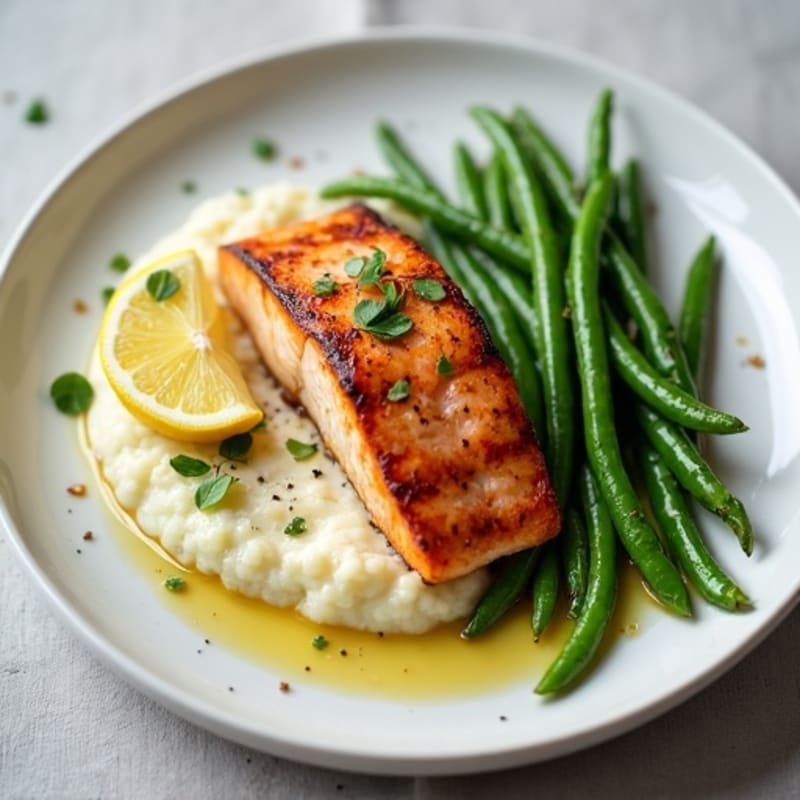 Seared Salmon with Garlic Green Beans and Cauliflower Mash