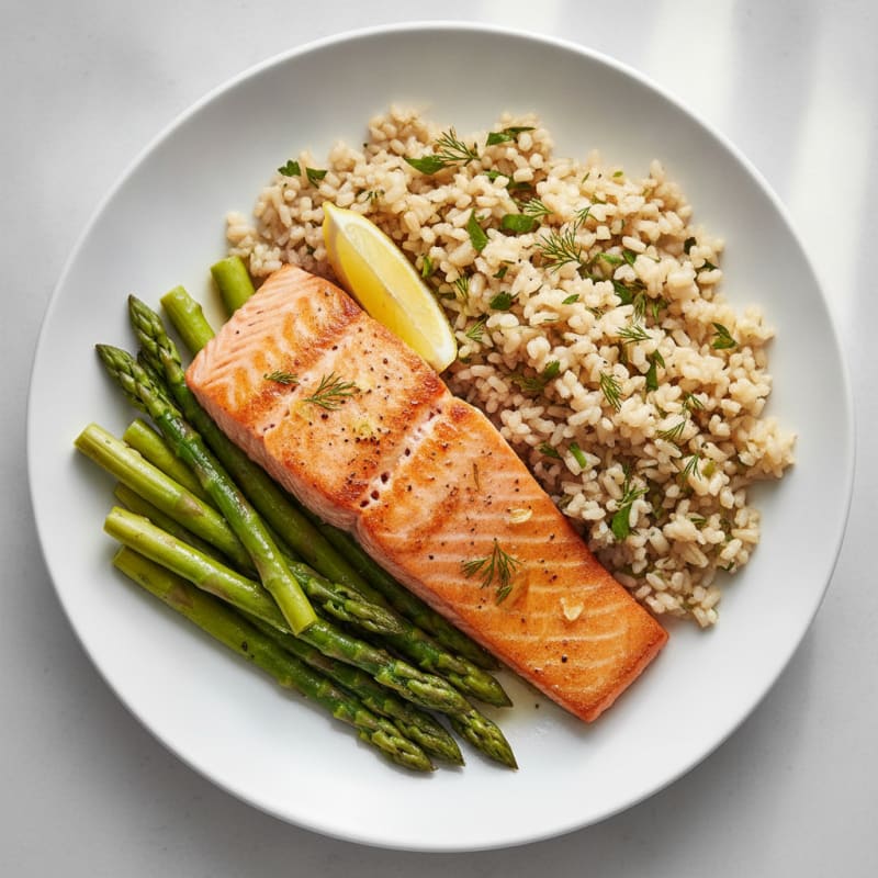Seared Salmon with Steamed Asparagus and Herbed Brown Rice