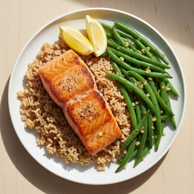 Seared Salmon with Garlic Green Beans and Brown Rice