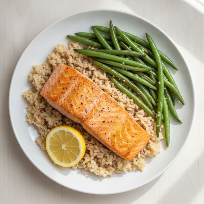 Seared Salmon with Garlic Green Beans and Brown Rice