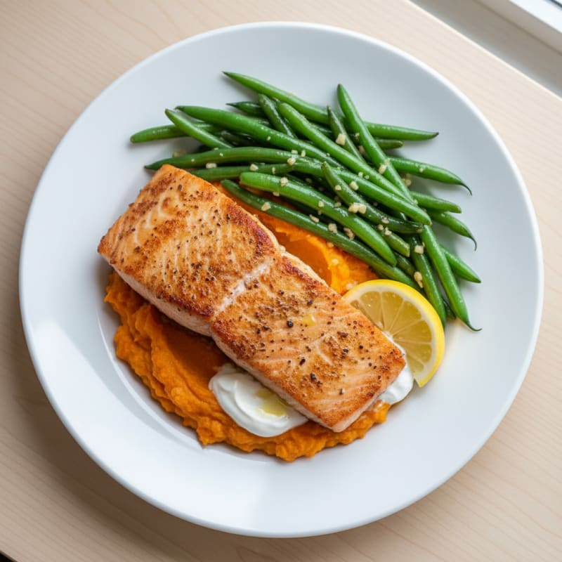 Seared Salmon with Garlic Green Beans and Sweet Potato Mash