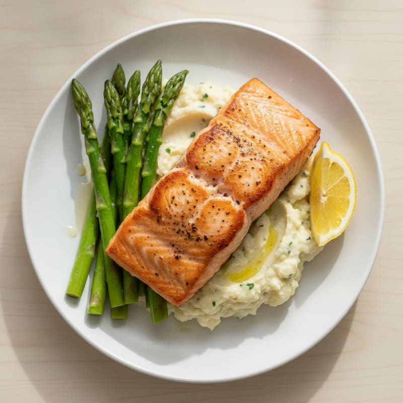 Seared Salmon with Steamed Asparagus and Garlic Mashed Cauliflower