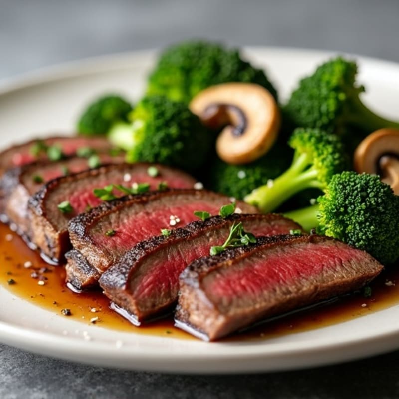 Seared Lean Beef with Roasted Broccoli and Garlic Mushrooms