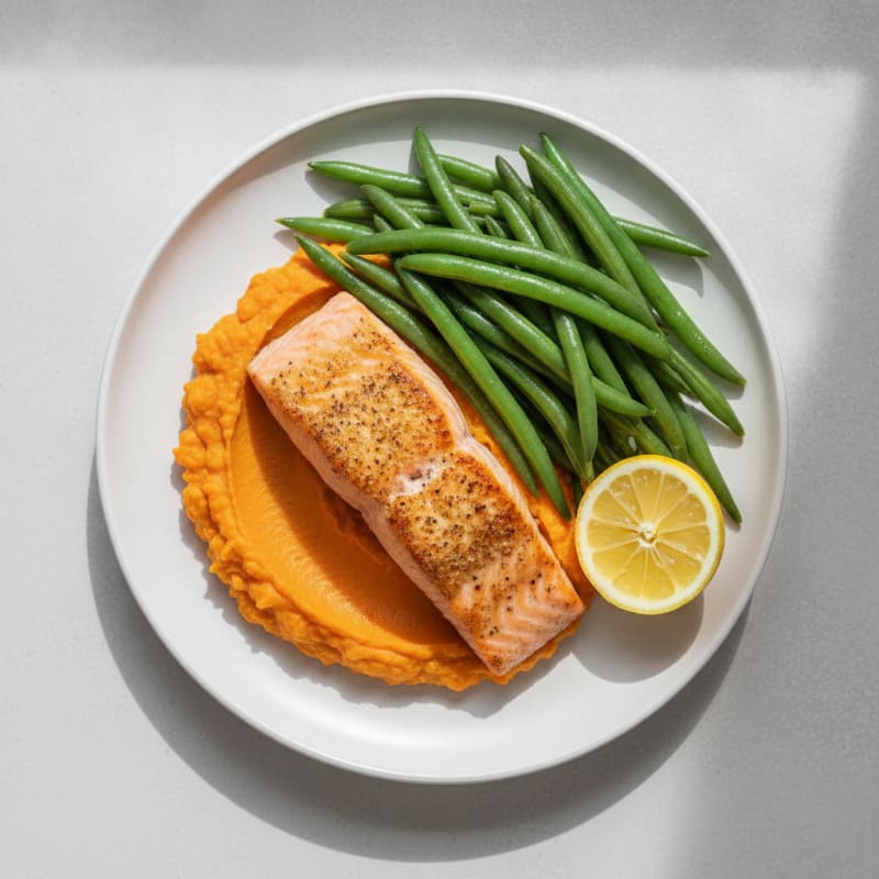 Seared Salmon with Steamed Green Beans and Sweet Potato Mash