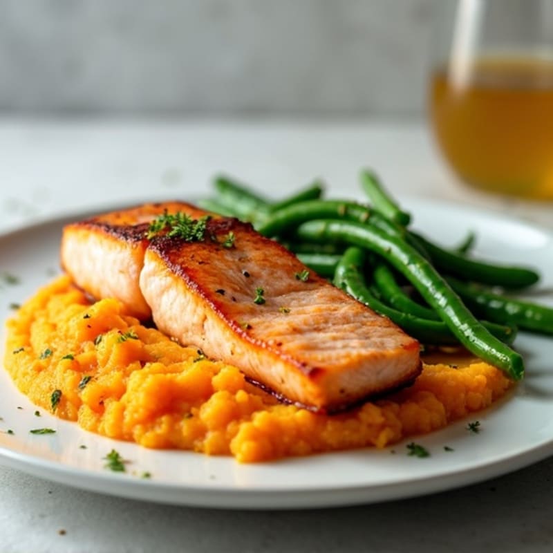 Seared Salmon Fillet with Steamed Green Beans and Sweet Potato Mash