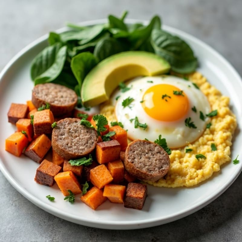 Egg White and Turkey Sausage Scramble with Spinach and Sweet Potato Hash