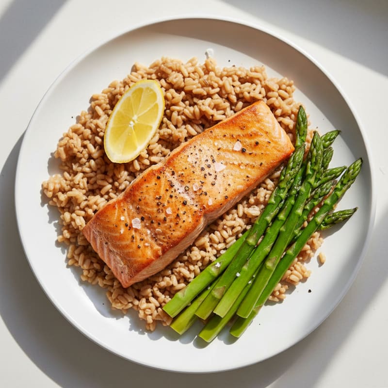 Seared Salmon with Steamed Asparagus and Brown Rice