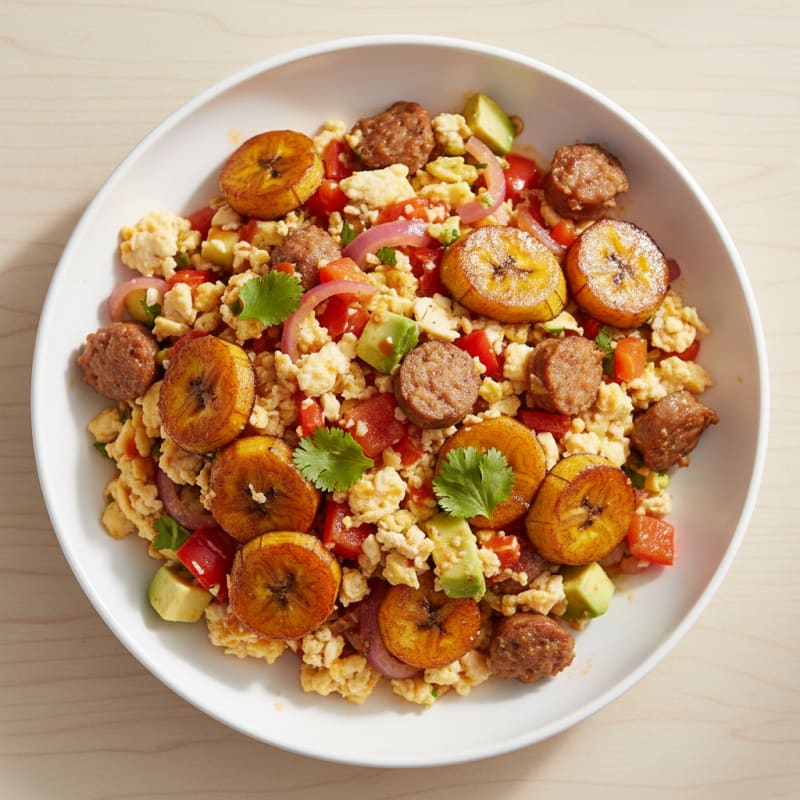 Spicy Plantain and Egg Scramble with Turkey Sausage