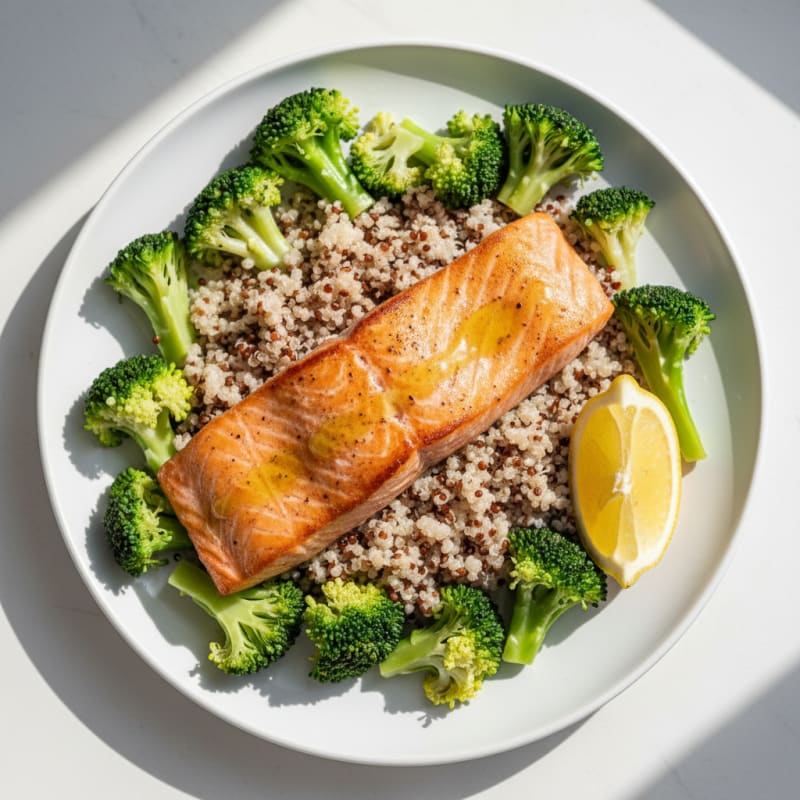 Seared Salmon Fillet with Steamed Broccoli and Quinoa