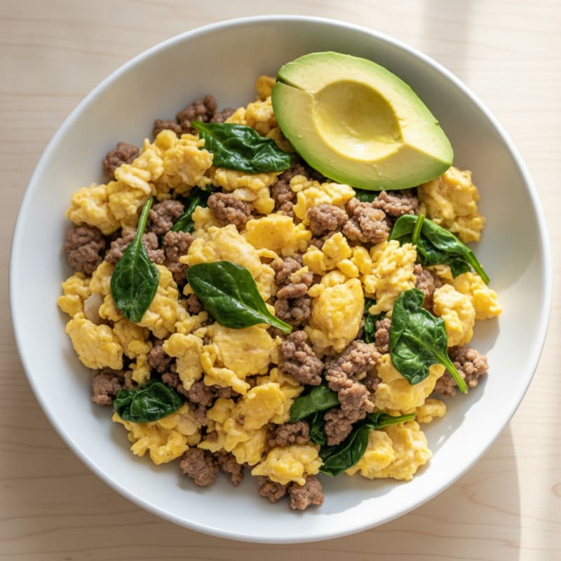 Scrambled Eggs with Lean Ground Beef and Spinach