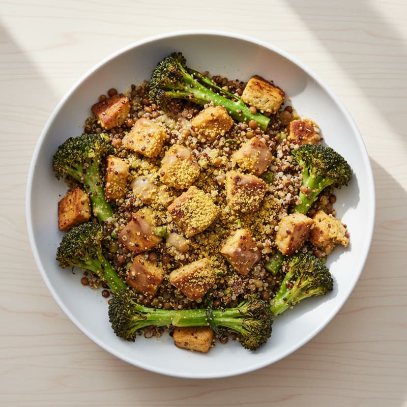 Crispy Lentil and Quinoa Power Bowl with Roasted Broccoli