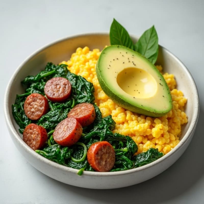 Egg White Scramble with Turkey Sausage and Sautéed Spinach